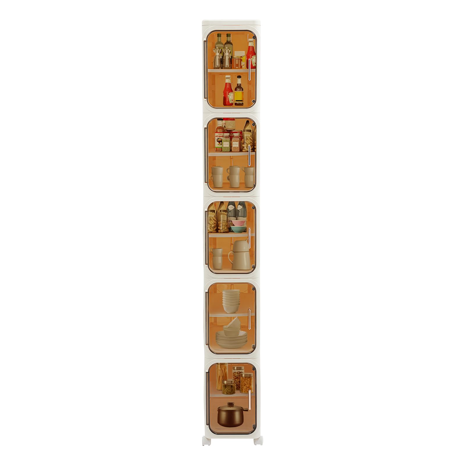 Armoire de niche étroite à 5 compartiments avec compartiments et roulettes, en plastique, peu encombrante, empilable, pour petites salles de bains, 21 x 34 x 157 cm