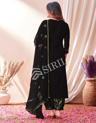 Image of SIRIL Women's Cotton Blend Embroidery Kurta Pant with Dupatta Set