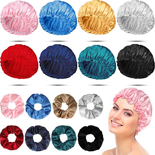 16 Pieces Satin Bonnet Sleep Cap Shower Cap Set Includes 8 Pieces Night Sleeping Hair Bonnets Soft Elastic Night Hair Cover and 8 Pieces Satin Hair Scrunchies Elastic Colorful Hair Ties for Women Girl