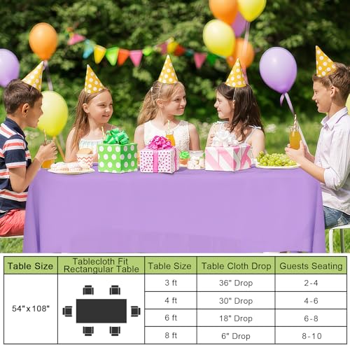 Image of Smiry Disposable Table Cloth - 6 Pack, 54 x 108 Inch Waterproof Rectangle Tablecloths for Parties, Decorative Plastic Table Cover, Leakproof & Sturdy, Lavender