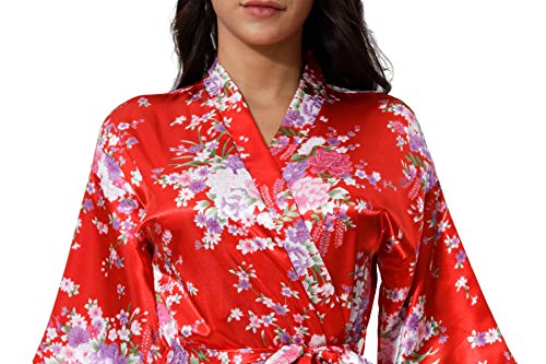 DITSONEO Womens Floral Robes Silk Satin Wrap Kimono Bathrobes Bridesmaid Wedding Party Lightweight Nightgown Red - Thumbnail 2