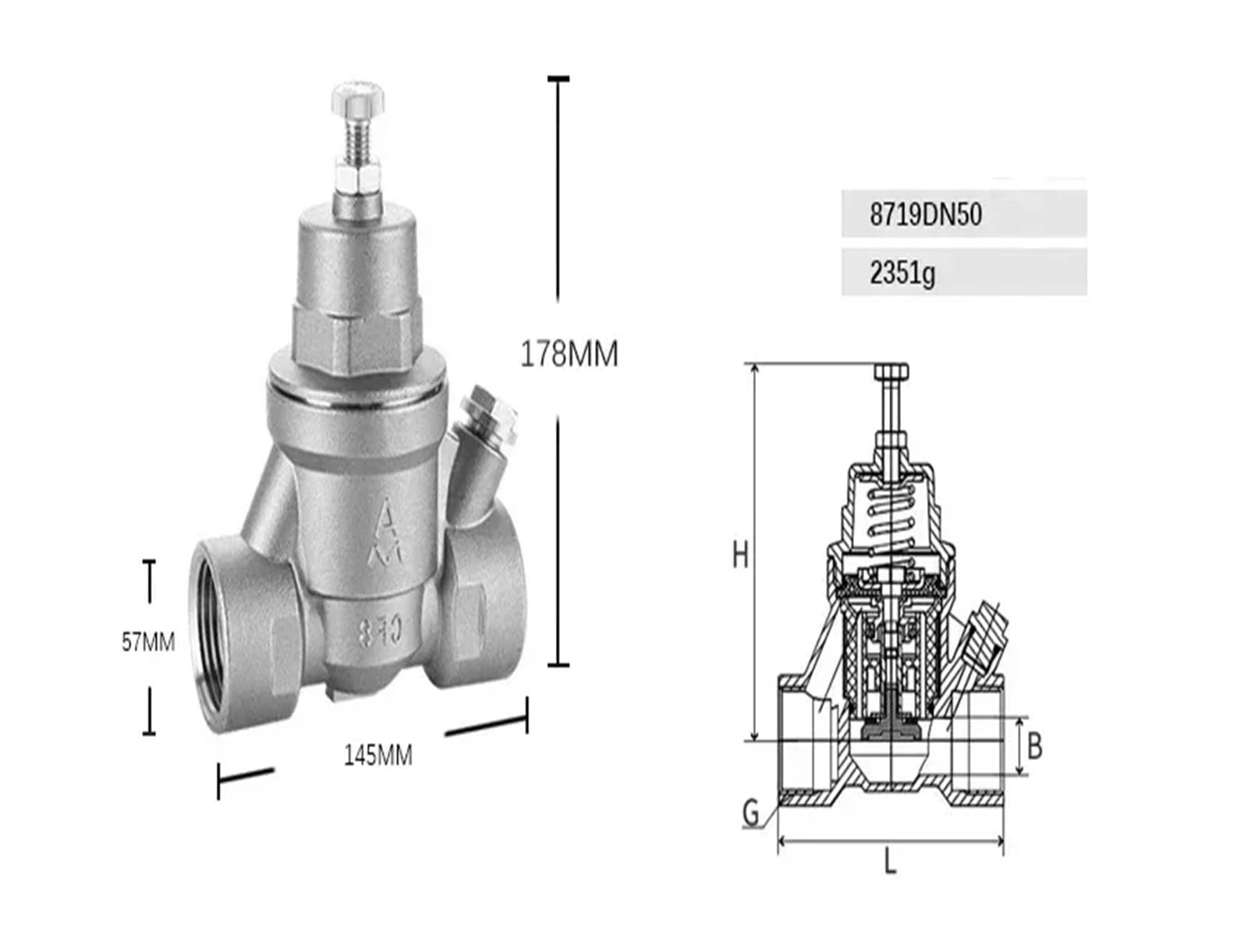 719 Brass Water Pressure Reducer Water Pressure Regulator Valve Tap Water Adjustable Pressure Reducer Pressure Gauge(304DN50 2Inch)