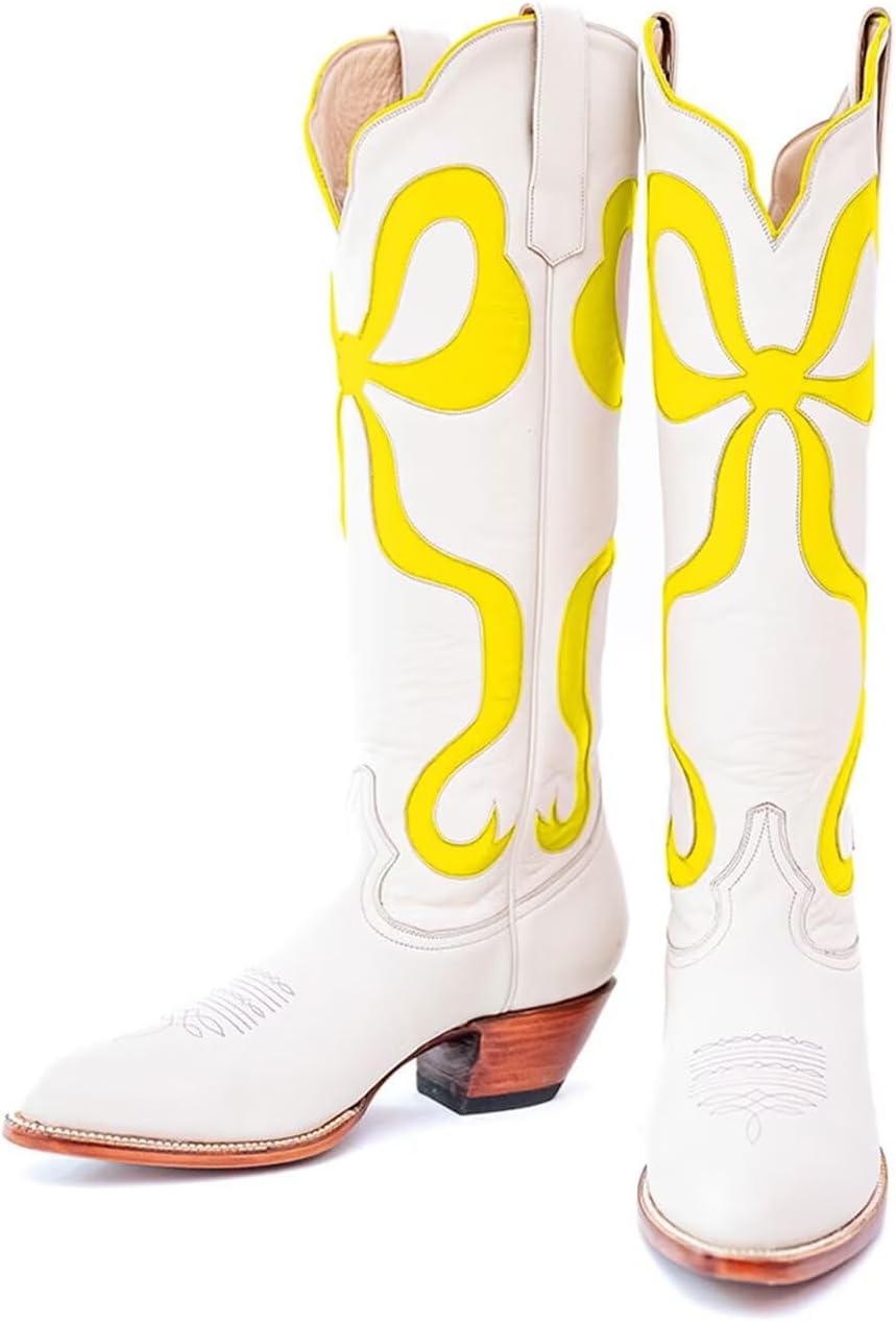 KISSASA Western Cowboy Boots for Women Colorful Bows Classic Embroidered Women Knee High Boots Chunky Heel Pointed Toe Pull On Fashion Tall Boot