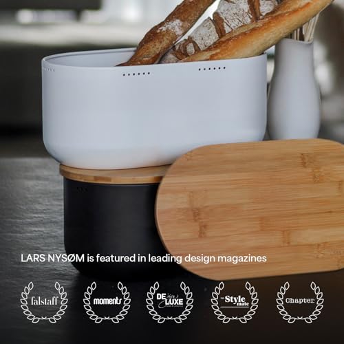 Image of LARS NYSOM Bread Box I Metal bread box for long lasting freshness with non-slip pads I Baked goods Bin with bamboo lid usable as cutting board I 13.6x7.3x6.2in (Almond Beige)