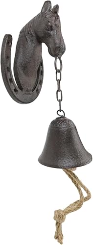 Miniatura 2 de Ebros Gift Cabeza de caballo de hierro fundido rústico vintage occidental con campana de herradura puerta pared cena campanas de granja al aire