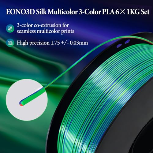 Image of Tri Colors Change Silk PLA 3D Printing Filament, 1.75mm Multicolor Filament, Dimensional Accuracy + /- 0.03mm,6 Packs 6KG Spool(13.2 lbs), Fit Most 3D Printers