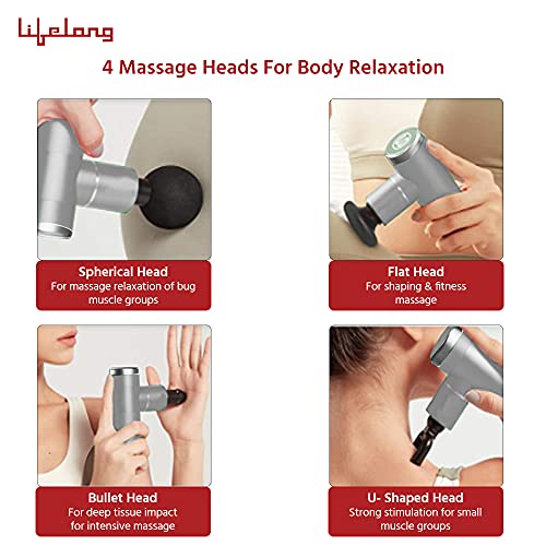 Image of Lifelong Wireless LLGM36 Mini Gun Massager with 4 heads| Deep Tissue Percussion Muscle Massager for Pain Relief & Recovery, Portable Handheld Electric Fascial Gun Massager (Silver)