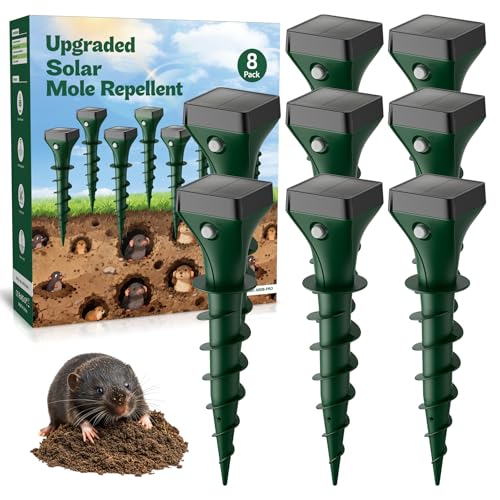 Mole Repellent Solar Powered, 8 Pack Snake & Skunk Repellent for Yard, Ultrasonic Mole Stakes for Lawns, IP65 Waterproof Gopher Repellent to Get Rid of Gopher, Vole, Chipmunk and Groundhog for Farm
