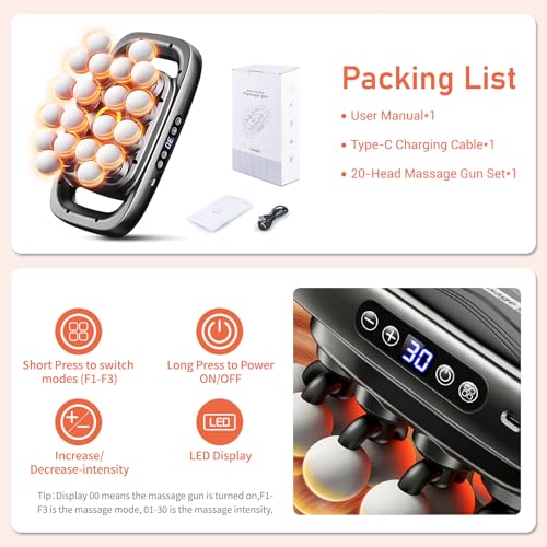 Image of 20 Head Massage Gun Deep Tissue, Handheld Back Massagers, Quiet Multi 20 Head Massage Gun for Shoulders, Neck, Legs, Portable Muscle Gun, Pain Relief, 3 Modes & 30 Intensities- Gifts for Men Women