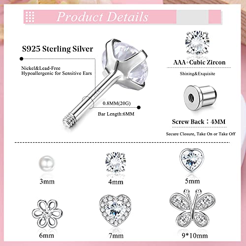 Florideco Hypoallergenic Earrings for Girls Women S925 Sterling Silver Stud Earrings Heart CZ Toddler Earrings Pearl Butterfly Girl Earrings Screw Back Earrings for Sensitive Ears(over 4 years old)3