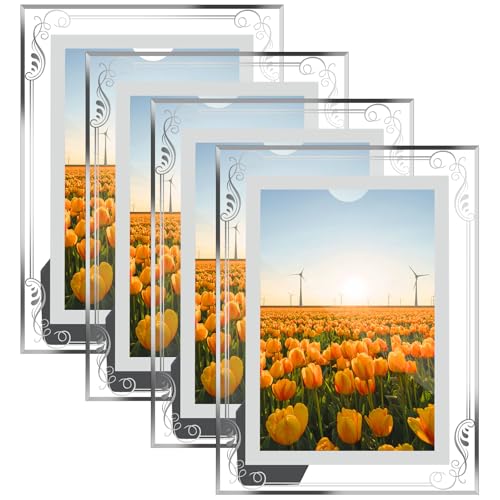 JMIATRY 7x5 Photo Frames Set of 4, Silver Mirrored Glass Picture Frame, Glass Photo Frames for Desktop Display and Home Decoration