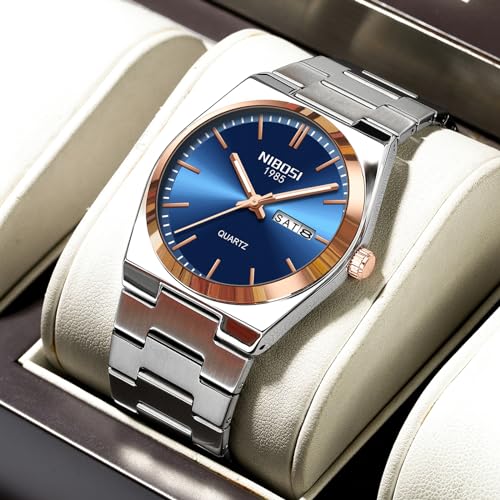 Image of NIBOSI Watch For Men Business Men Analogue Watches Ultra-Thin Waterproof Quartz Military Wrist Watches With Stainless Steel Band, Dial-Color:Blue, Band Color:Silver