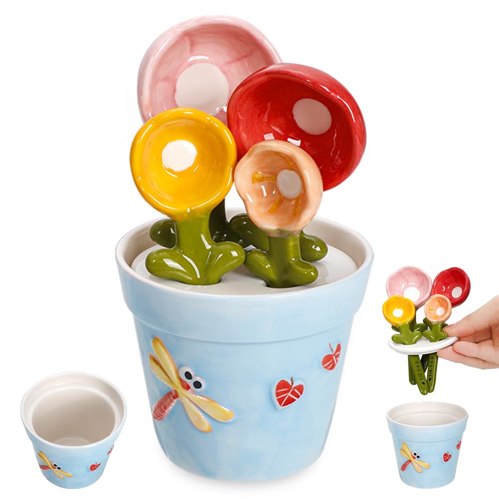 Ceramic Measuring Spoons Set in Pot - Flower Cute Measuring Cups Spoons for Dry Wet Ingredients (Blue)