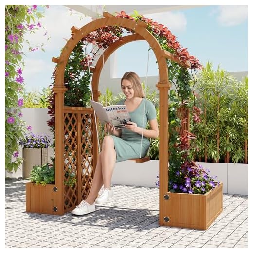 Wood Garden Arbor with Planter Boxes and Swing Outdoor Arch Trellis with Pergola for Climbing Plants Vines Grapes Backyard Wedding Party Decor