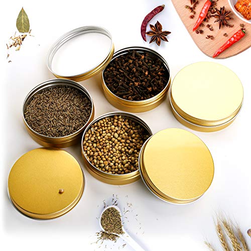 Foraineam 24 Pack 2 oz Round Aluminum Lip Balm Tin Cans with Screw Top Lids - Golden Cosmetic Sample Containers - Metal Empty Tins Travel Storage Tin Jars for Salve, Spice or Crafts4