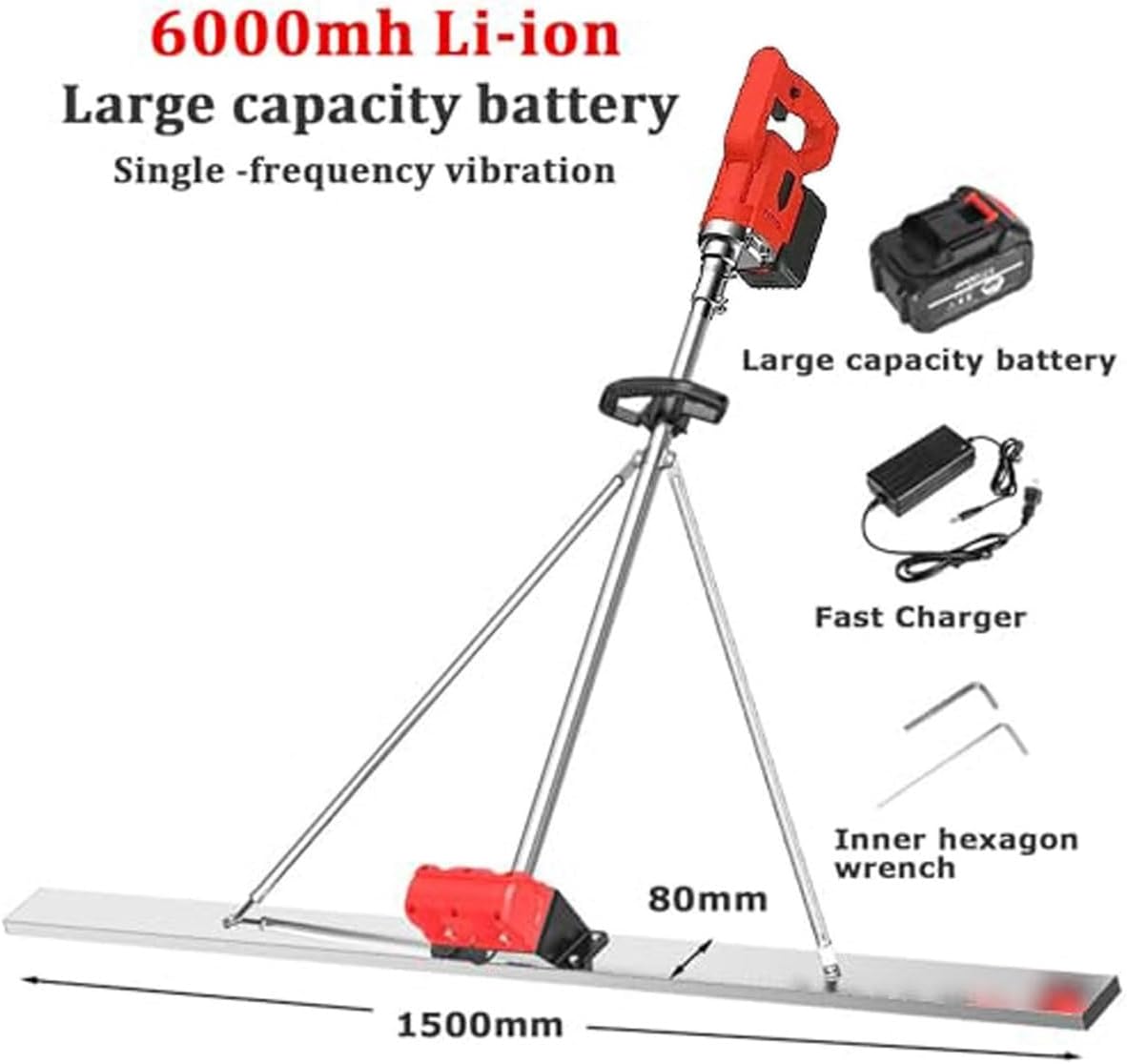 Electric Concrete Finishing Tool, Commercial Power Screed Concrete Finishing Vibra Tool with 59" Blade,6000 RPM/MIN Cement Trowel Finishing Vibrating Machine,Surface Leveling Tamper Ruler(1 Battery)