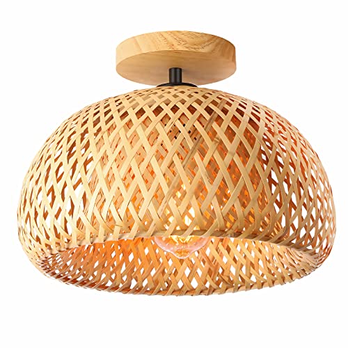 Schindora Rattan Semi Flush Mount Techo de techo, lámpara de techo de mimbre de bambú, lámparas de ratán hechas a mano techo de lámparas, accesorios de luz de la granja para el pasillo del pasillo