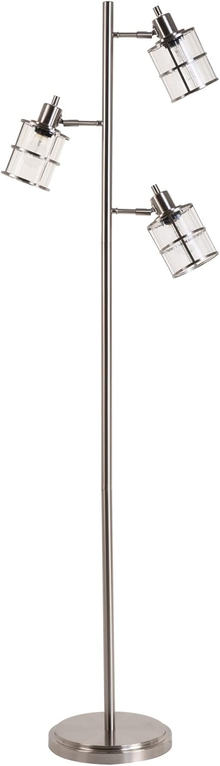 Catalina Lighting Modern 3 Light Floor Lamp with Adjustable Ribbed Glass Shades & Reading Light, 68", Classic Brushed Nickel