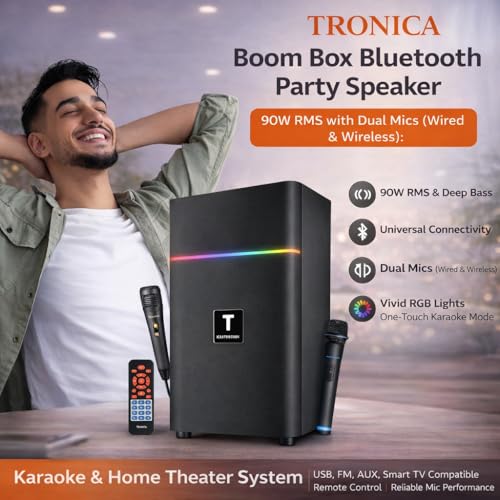 Tronica Boom Box Bluetooth Party Speaker 90W RMS with Dual Mics (Wired & Wireless) | Powerful Bass | USB/FM/AUX Smart TV Compatible | Remote Control | Vivid RGB Lights | Karaoke & Home Theater System 9 51HhHMyaZDL