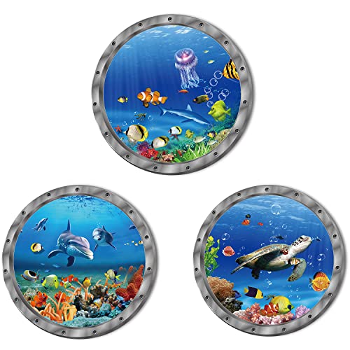 Ocean Animals World Under Sea Decor Includ Sea Turtles Dolphins Fishes 3 Pcs Removable 3D Peel and Stick Vinyl Stickers for Bathroom,Wall Decor,Wall Stickers,Bedroom,Furniture