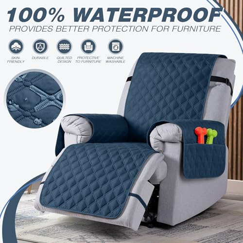 Image of TAOCOCO 100% Waterproof Recliner Covers, Recliner Sofa Covers with Leg Straps, Reversible Recliner Couch Cover for Reclining Chair, Washable Couch Protector for Pets Kids(1 Seater 28 inch, Ocean Blue)