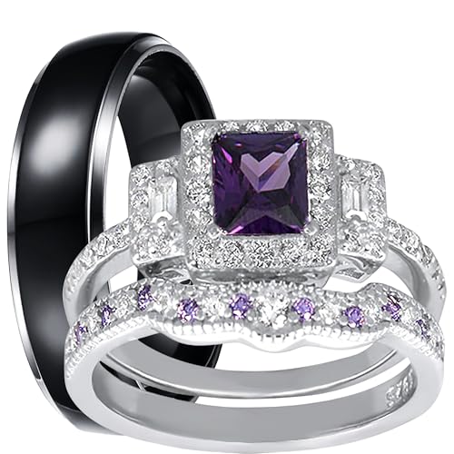 His Her Wedding Ring Set 3 Piece Trio Purple Simulatred Amethyst Bride Groom Couples Rings