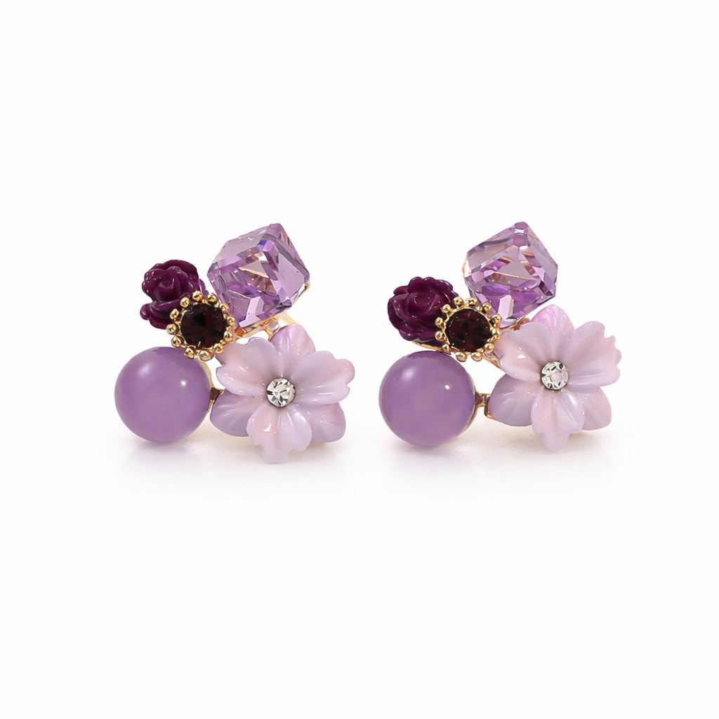 MEENAZ Korean Floral Stud Earrings set for Women & Girls, Purple Lavender Crystal Flower Earings Statement, Stylish Ear Rings Jewellery for Woman Wedding Valentine Gift for Girlfriend couple -262