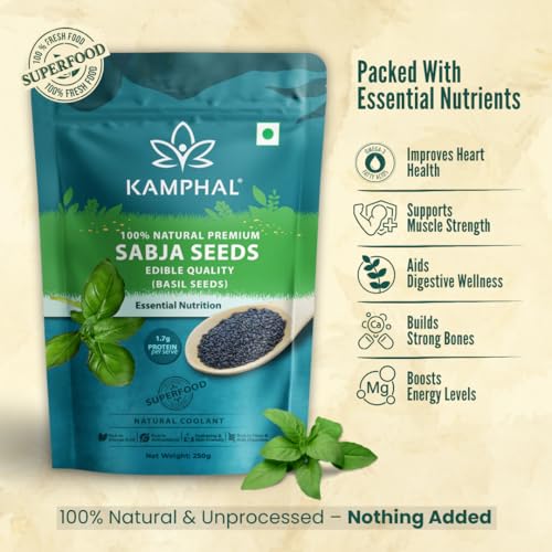 Image of Kamphal Premium Sabja Seeds 250g | 100% Natural Basil Seeds for Eating | Rich in Fiber, Omega-3 & Essential Nutrients | Perfect for Cooling the Body, Detox Drinks & Digestive Wellness