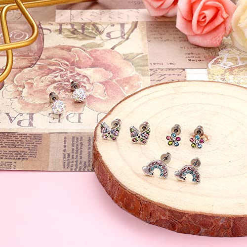 Cassieca 8 Pairs Hypoallergenic Screw Back Earrings For Girls Women 316L Stainless Steel Cz Pearl Heart Flower Turtle Butterfly Stud Earrings Jewelry Gift Women Girl #TOP6