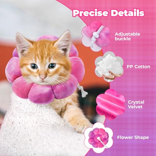 Image of Flower Cat Cone, Uadonile Adjustable Cat Cone Collar, Soft Dog Elizabethan Collar Recovery E Collar After Surgery, Recovery E-Collar for Kittens /Puppies and Cats Recovery(Tie-dye Rose Purple, S)