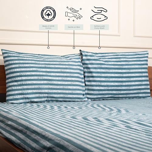 Image of Amazon Brand - Umi Cotton Fitted Bedsheet, Queen Size 78x60 Inches, Elastic Fit Bed Sheet, 10 Inch Deep Pocket, Soft Breathable Bedding, Durable Easy Care, with Pillow Cover-Aqua Stripe