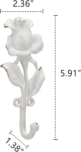 Miniatura 6 de SOFFEE DESIGN 2 ganchos individuales blancos con diseño de rosas 3D, estilo retro adornado para decoración de pared de habitación, abrigo, sombrero,