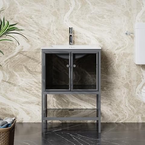 Homecart 24” Bathroom Vanity Sink Combo, Freestanding Vanity Cabinet with 2 Doors and 1 Open Shelf, Metal Frame, Tempered Glass, Grey Cover