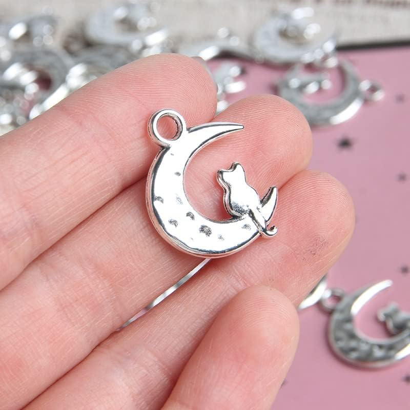 Ximimark 50 PCS Tibetan Silver Plated Moon Cat Charms Pendants for Bracelet Necklace Jewelry Making DIY 23x18mm - Image 2