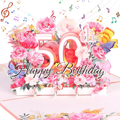 50th Birthday Card, Musical Birthday Card for Women, Pink 3D Pop up Greeting Card with Musical and Flower Happy 50th Birthday Gifts for Women Wife Mom Grandma