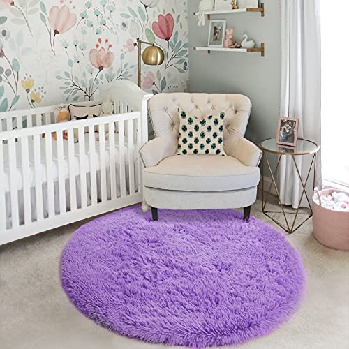 Amdrebio Purple Round Rugs 5Ft for Girls Bedroom Decor Aesthetic, Fluffy Fuzzy Circle Area Rug for Kids Playroom, Cute Furry Shaggy Circular Princess Carpet for Living Room, Baby Nursery, Preppy Dorm