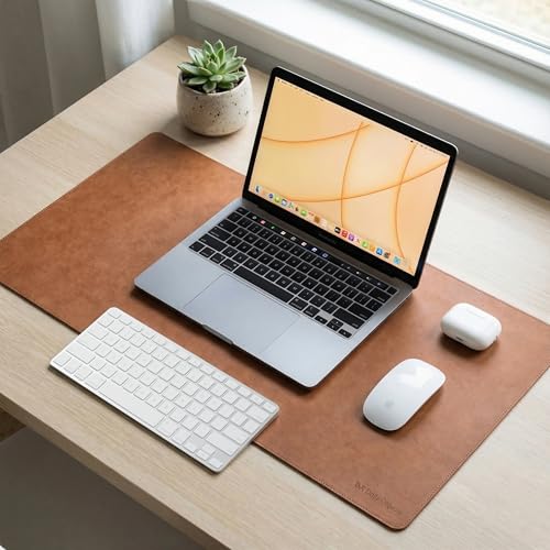 Image of DailyObjects Reversible Desk Matte Sand Premium Vegan Leather Desk Mat|Anti-Skid|Anti-Slip|85 * 45cm|Spread Turf Desk /Laptop Mat for Work from Home /Gaming- Extended Mouse pad and Keyboard Desk-Tan