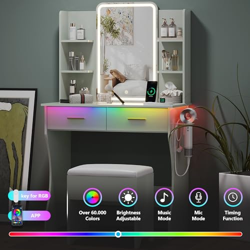 Image of Small Vanity Desk with Mirror and Lights, Makeup Vanity with LED Lights, Green Vanity Mirror with Lighted Desk and Chair, 3 Lighting Adjustable Compact Dressing Table with Mirror for Women, Girls