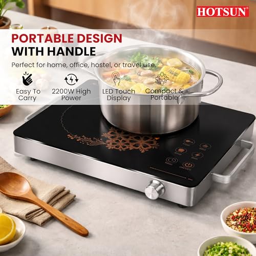 Image of HOTSUN Infrared Cooktop 2200W | Touch Control Panel | Timer & Boost Mode | Child Safety Lock | Fast & Even Heating | Compatible with Glass, Stainless Steel, Aluminium & Ceramic Flat Utensils