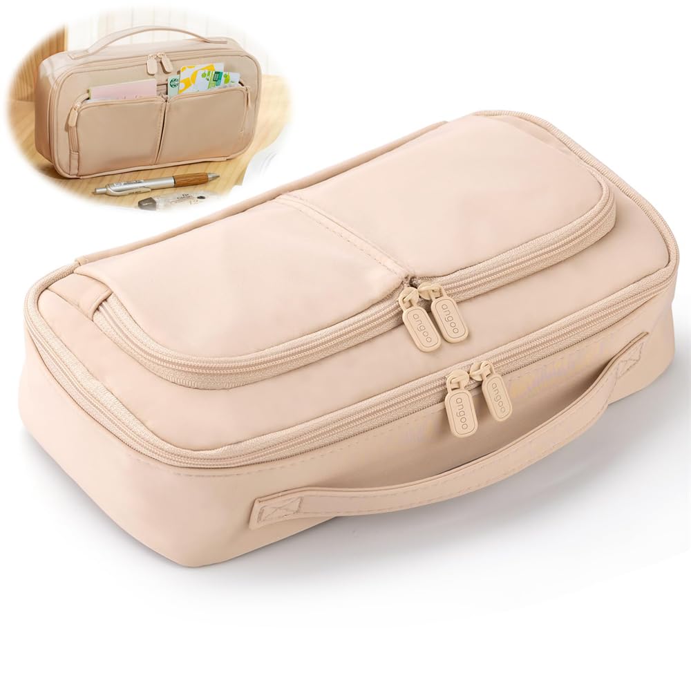 Azonee Large Capacity Student Pencil Case with Handle, Multi-Functional Pen Bag for School, Office, and Travel (Beige)