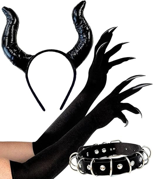 Halloween Teufel Kostümzubehör Damen, 3-teiliges Set Schwarz Horn Stirnband, Teufel skrallenhandschuh und Kunstleder-Halskette, Kostümzubehör für...