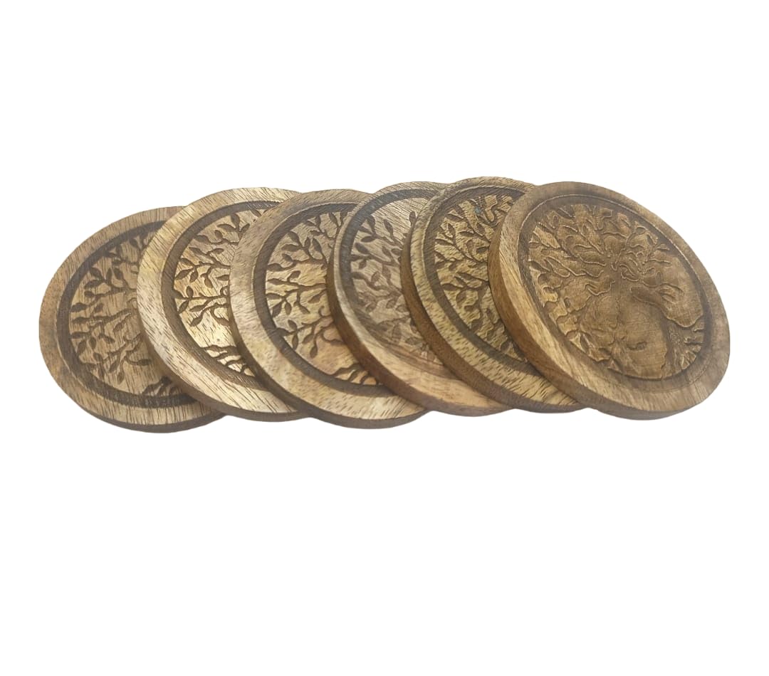 Wooden Tea Coasters Set of 6 - Round 3.5 x 3.5 inch | Coaster Set Fit for Tea Cups, Coffee Mugs and Glasses | Home Decor - Pack of 6 Gift Items