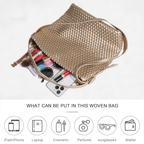 Image of Large Woven Tote Bag Vegan Leather Shoulder Bag for Women Fashion Travel Shopper Bag Top Handle Handbag and Purse