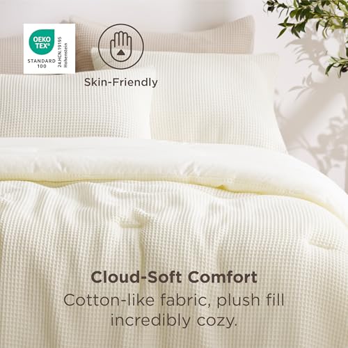 Image of Bedsure Cream King Bed Comforter Set, Waffle Breathable Bedding Set, All Season Comforter with 3 Pieces, 1 Waffle Weave Comforter (104 inchx90 inch) and 2 Pillowcases (20 inchx36 inch)