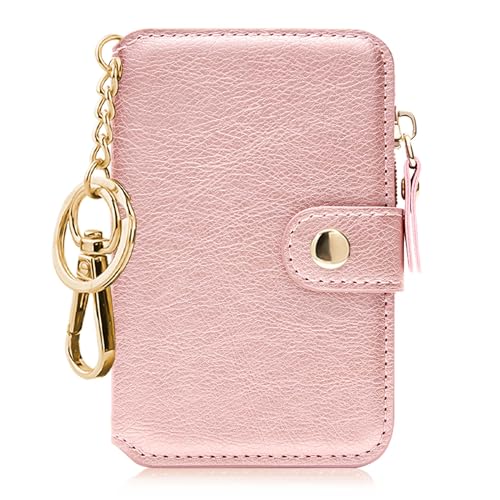 Image of Keychain wallet with ID Window，Credit Card Holder Leather, Zipper Card Case for Women, Pink, 4.3*2.8*0.5 in,