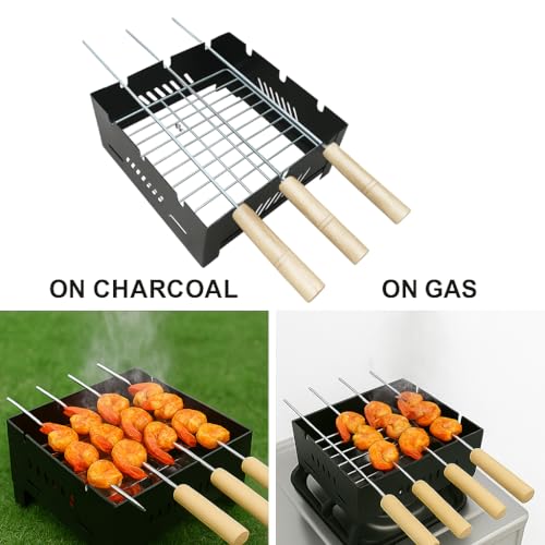 Image of Chefman Portable Charcoal & Gas Barbeque Grill | 2-in-1 Outdoor BBQ with 3 Skewers | Portable Tandoor for Home, Travel & Camping