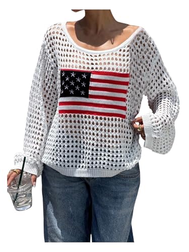 Floerns Women's Hollow Out Knit Sweater Long Sleeve Scoop Neck 4th of July Pullover Tops