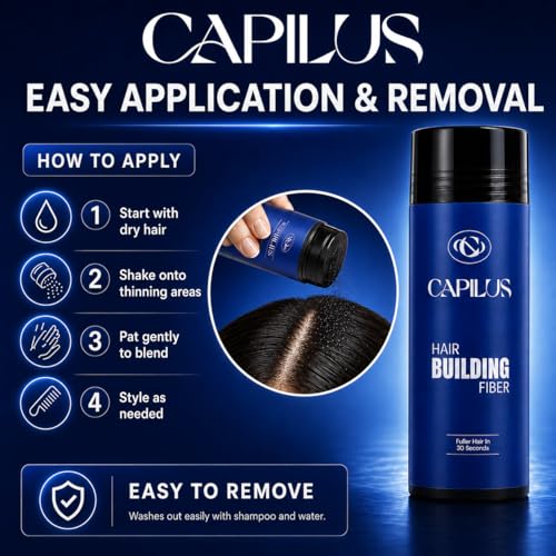 Image of Capilus Hair Building Fiber for Men & Women, Instant Hair Thickening Fibres for Thinning & Bald Spots, Natural-Looking, Concealer Powder for Fuller Look in 30 Seconds, 28g (Black, 28g)