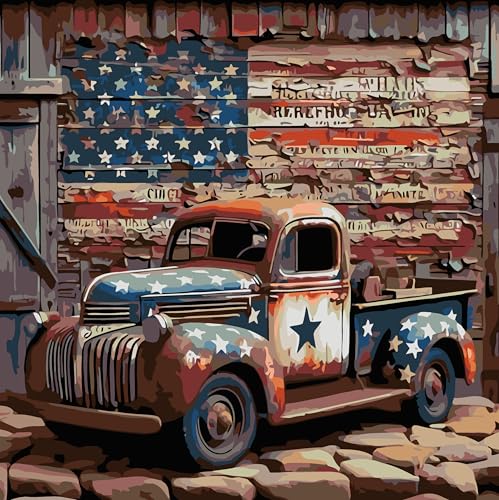CHWGLFGG Kit de pintura por números de camión vintage para adultos sobre lienzo, kit de pintura por números para adultos, bandera estadounidense, pintura por color, pintura acrílica para decoración de