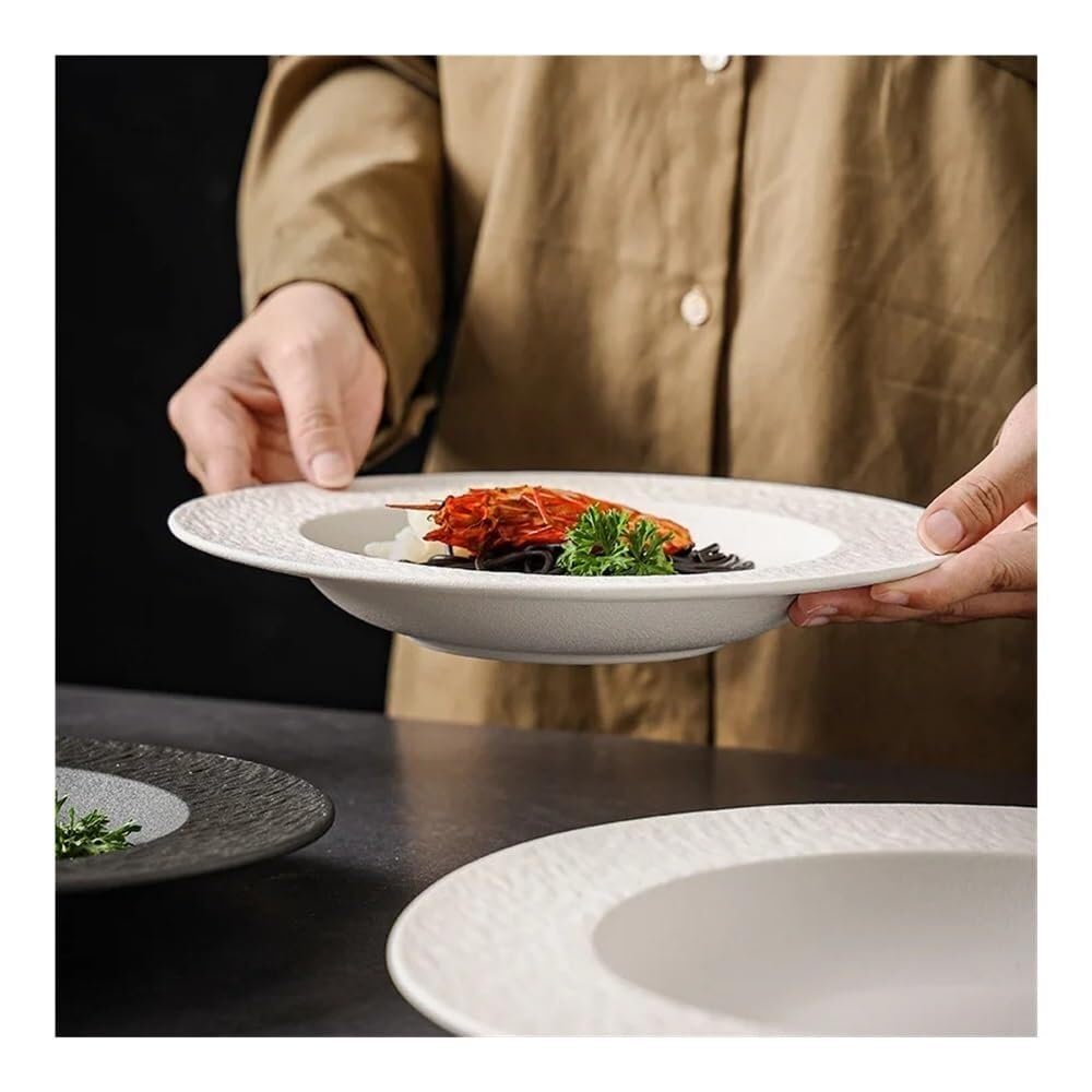 Ceramiczny Talerz Obiadowy 9,5 Cala, Czarno-Biały Talerz Słomkowy Z Kamienia, Elegancki Talerz Do Makaronu I Deserów, Idealny Na Rodzinne Posiłki(Biały-Mały)